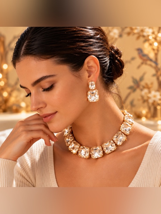 The Unbranded Brand Jewelry - Oversized Champagne Crystal Statement Necklace & Drop Earrings Set Fifi’s Closet